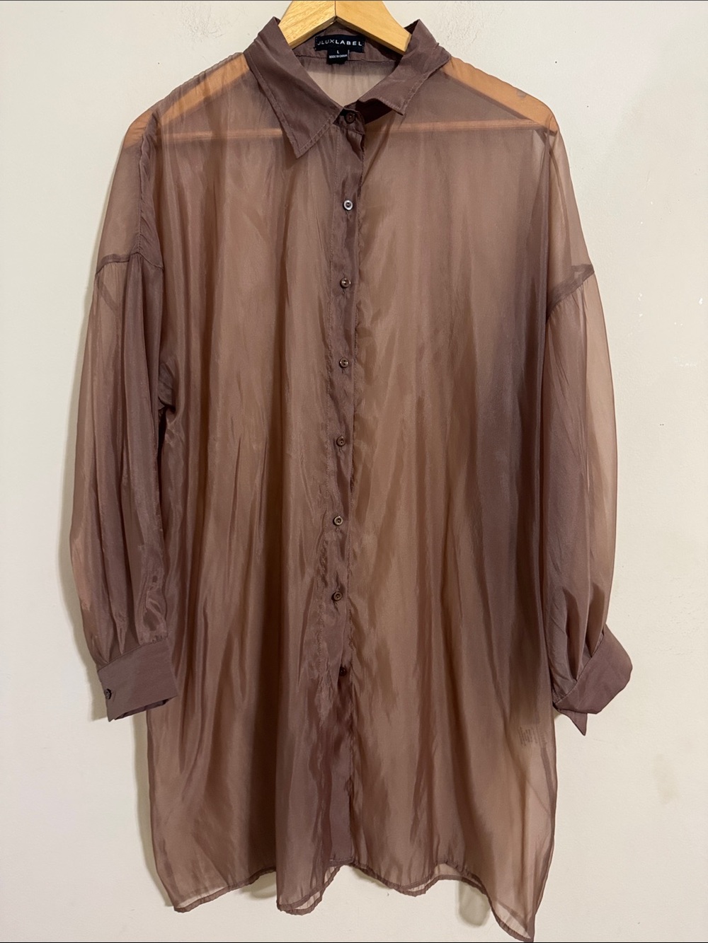 JLux Label Sheer Brown Longline Button-Up Shirt size L Layering Minimalist Party